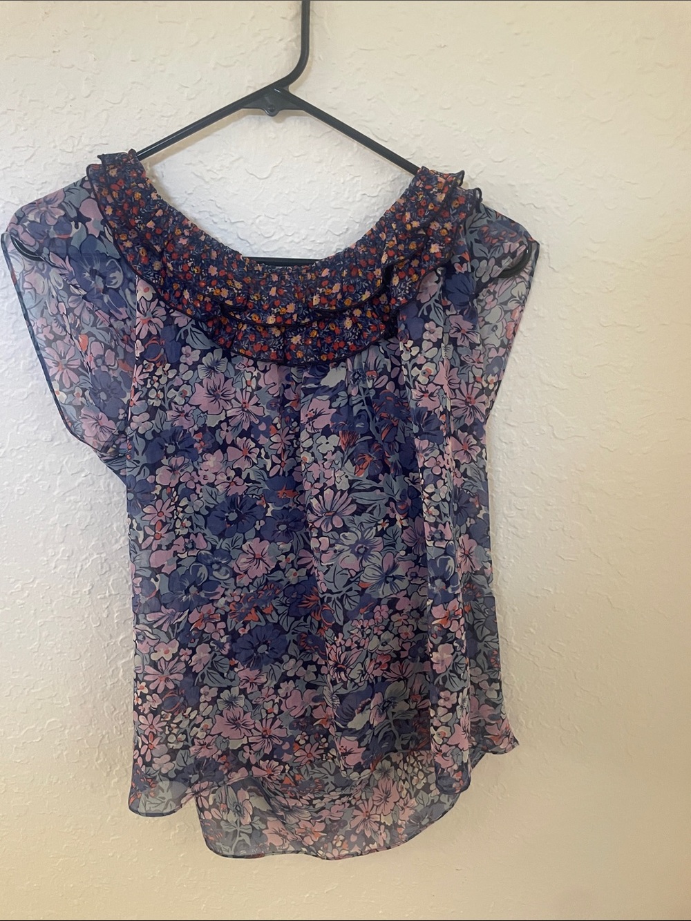 Odille Navy and Pink Floral Ruffle-Neck Blouse
